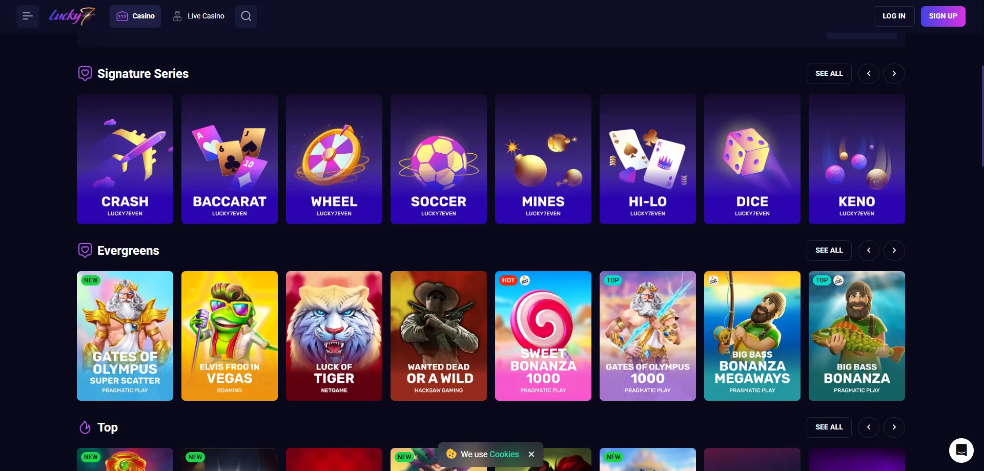 Lucky Seven Casino game lobby featuring thousands of slots and live games